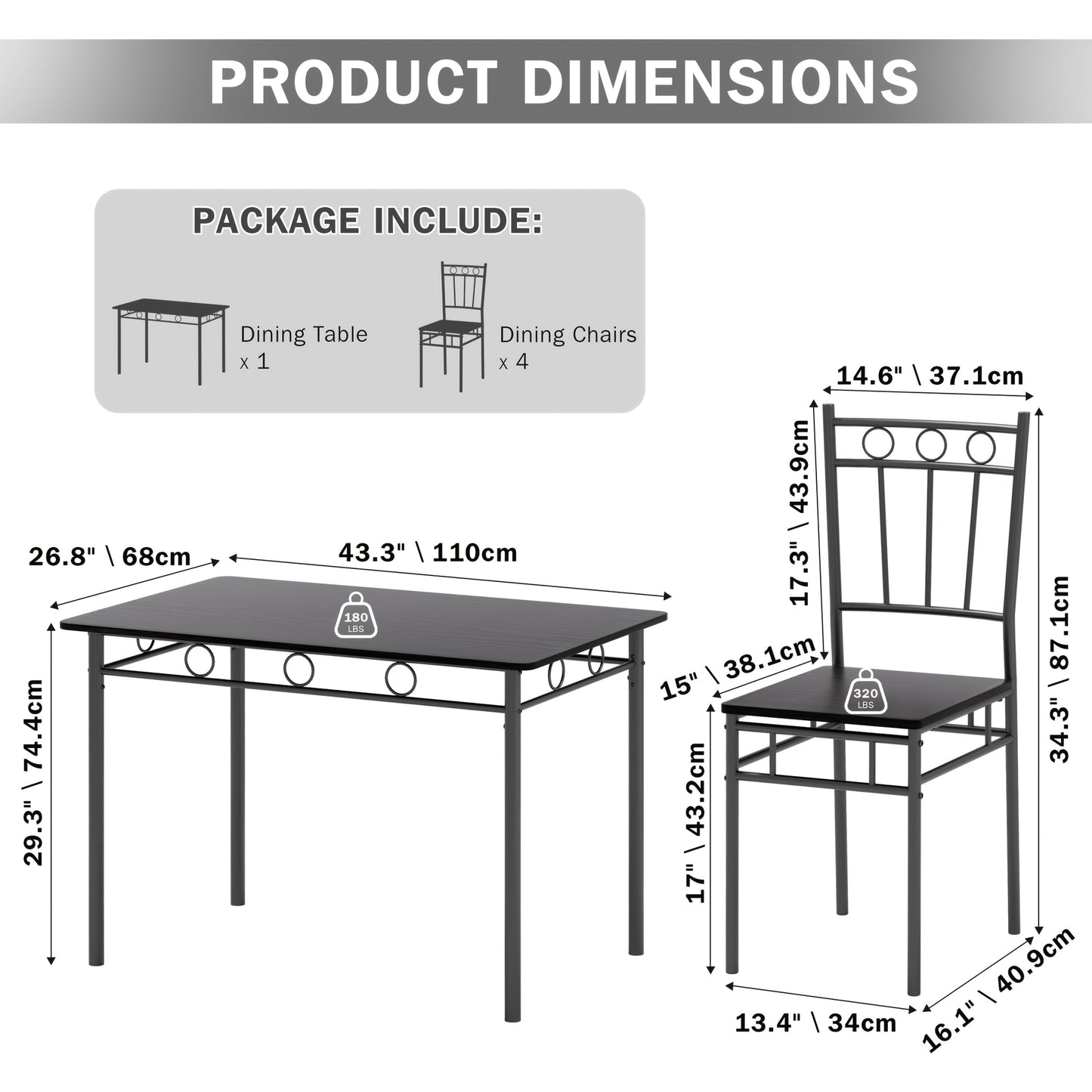 5-Piece Modern Compact Dining Table Set with 4 Chairs