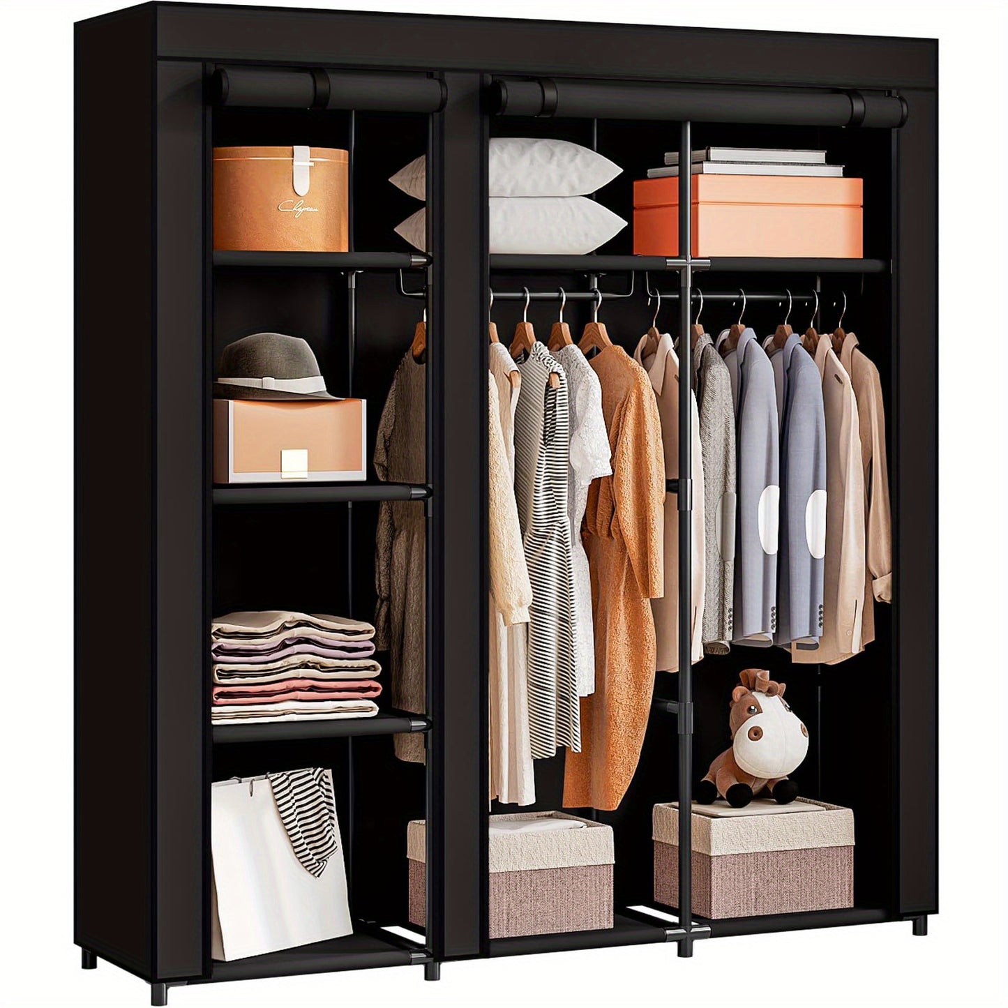 Portable Wardrobe Closet Storage Organizer with Metal Hanging Rack