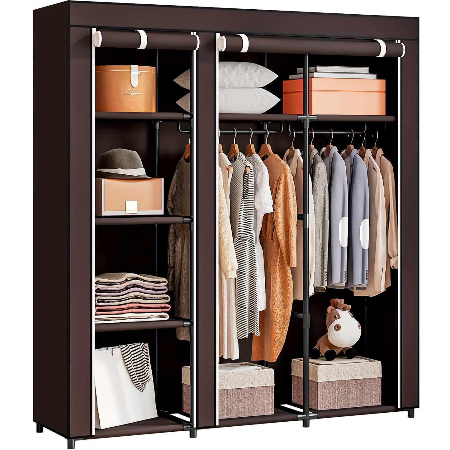 Portable Wardrobe Closet Storage Organizer with Metal Hanging Rack
