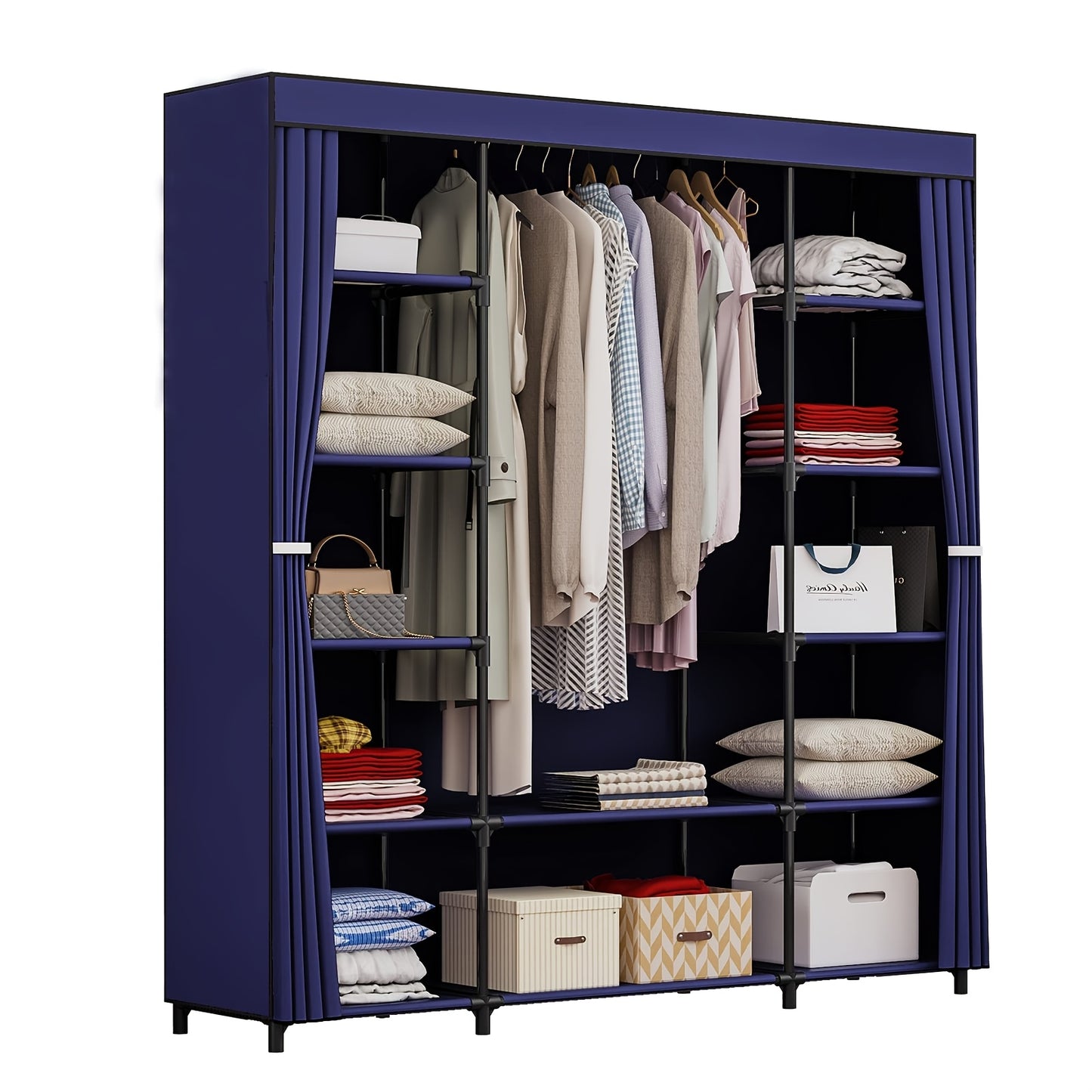 Portable Wardrobe Closet Storage Organizer with Metal Hanging Rack
