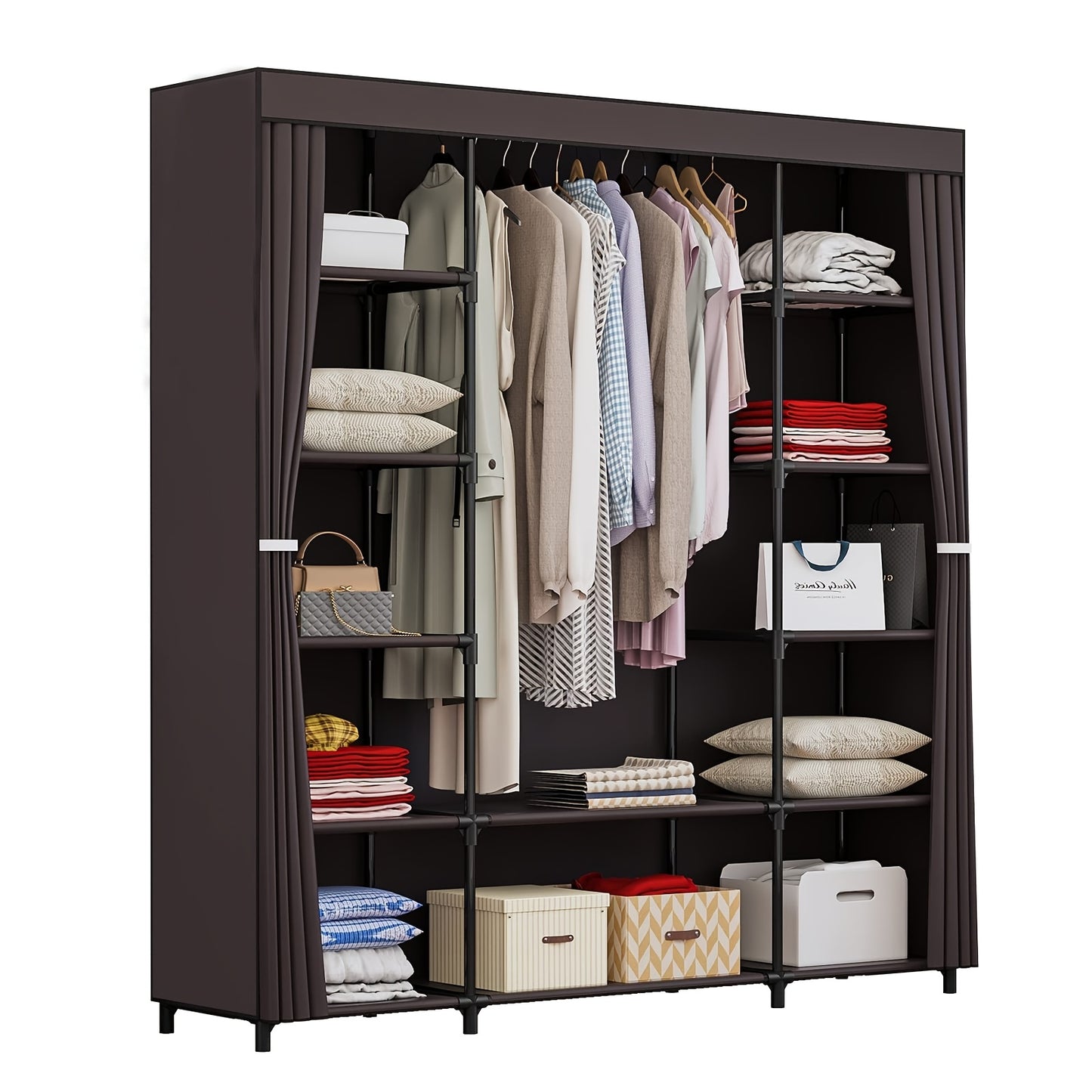 Portable Wardrobe Closet Storage Organizer with Metal Hanging Rack