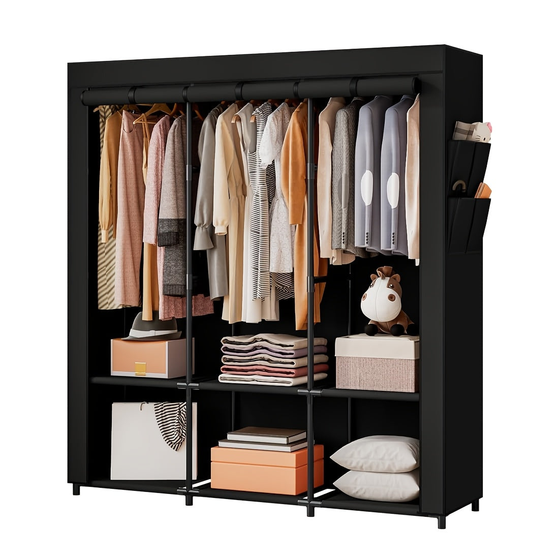 Portable Wardrobe Closet Storage Organizer with Metal Hanging Rack