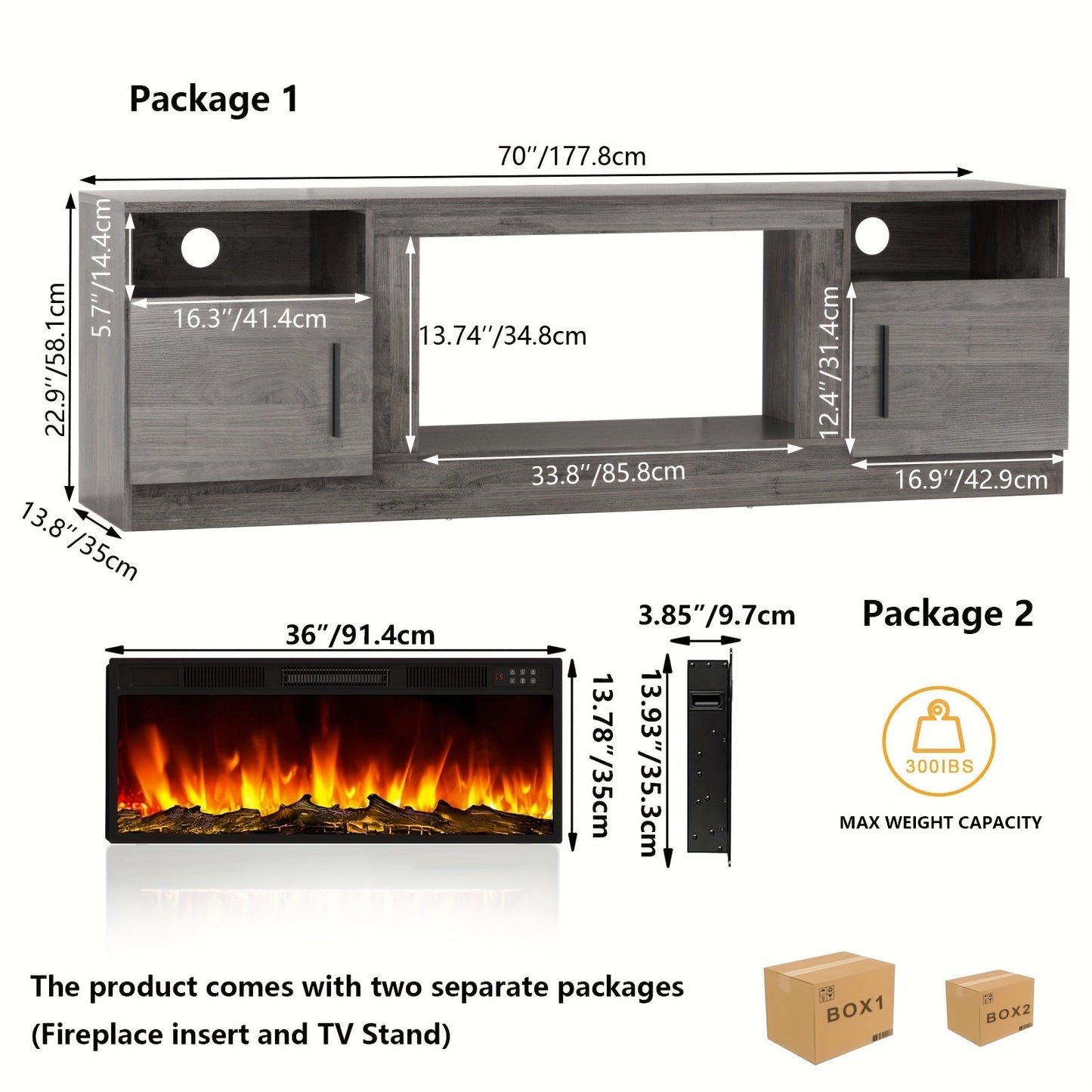 Fireplace TV Stand with 36-Inch Fireplace and LED Lights