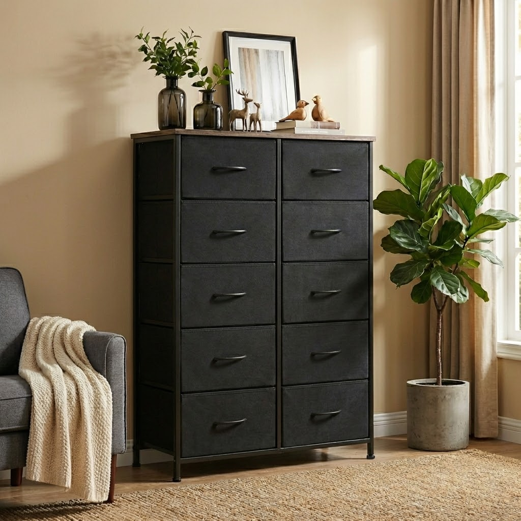 10-Drawer Storage Cabinet with Wood Tabletop